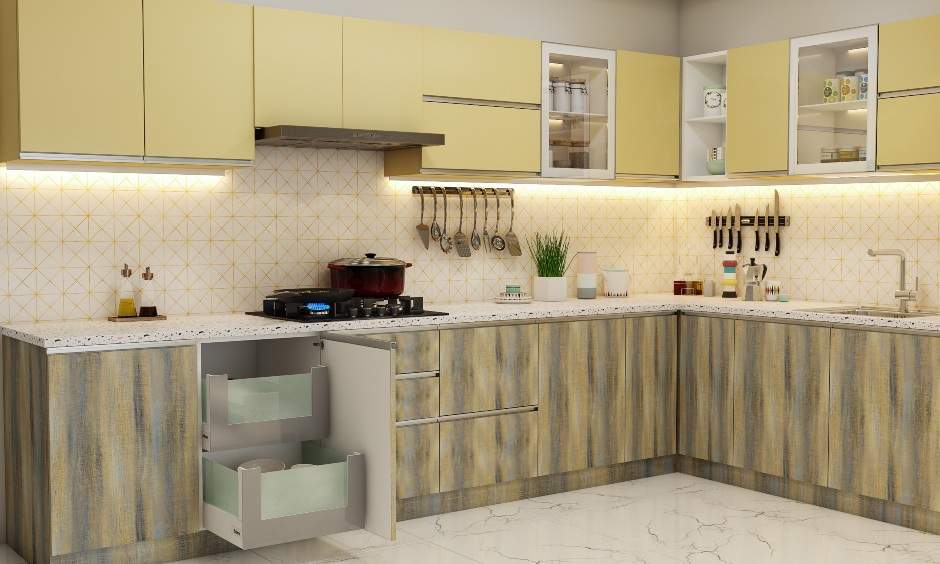 Modern l shaped kitchen design with patterned tiled backsplash