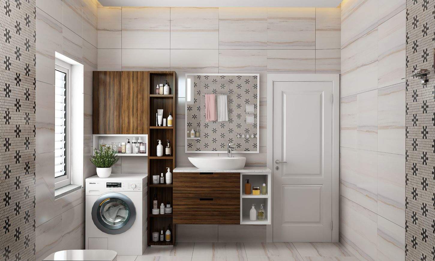 Modern style bathroom interior with floating vanity in wood with drawers under sink
