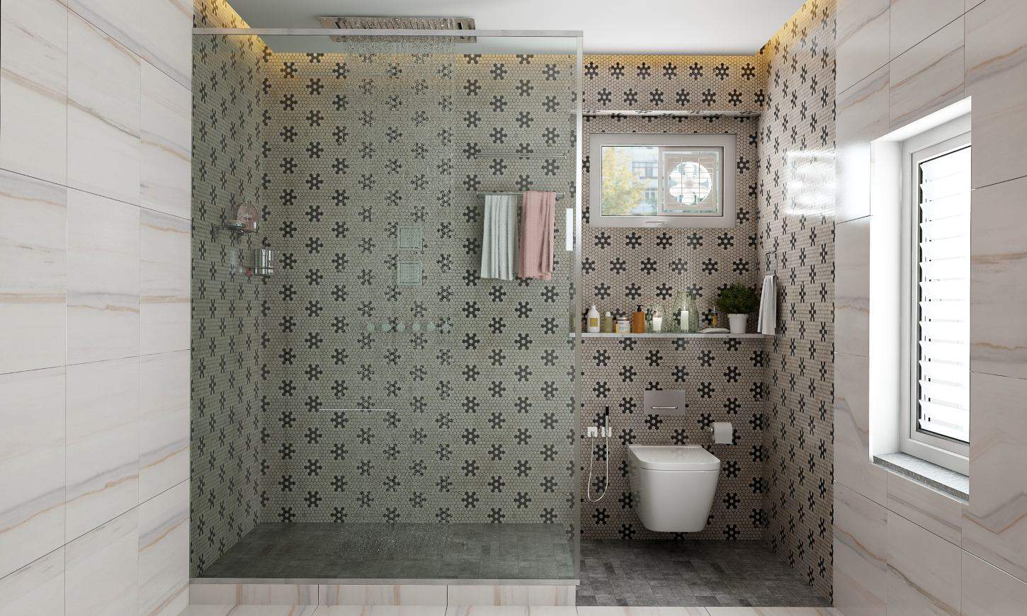 Modern styled bathroom design with patterned tiled walls