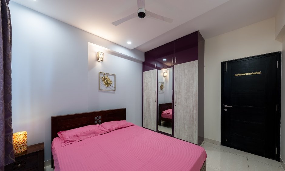 Neutral tone bedroom design in 3bhk house, Bengaluru