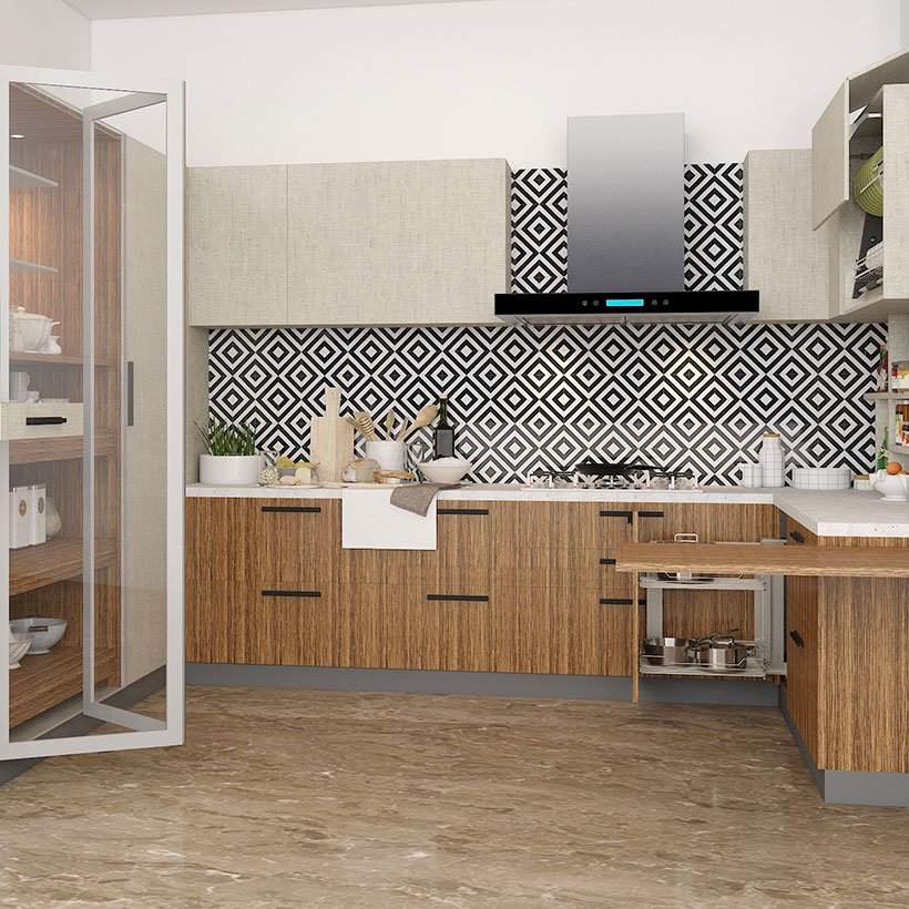 Add a floor to ceiling sized mirror that will make your kitchen space appear wider, its a small kitchen furniture design