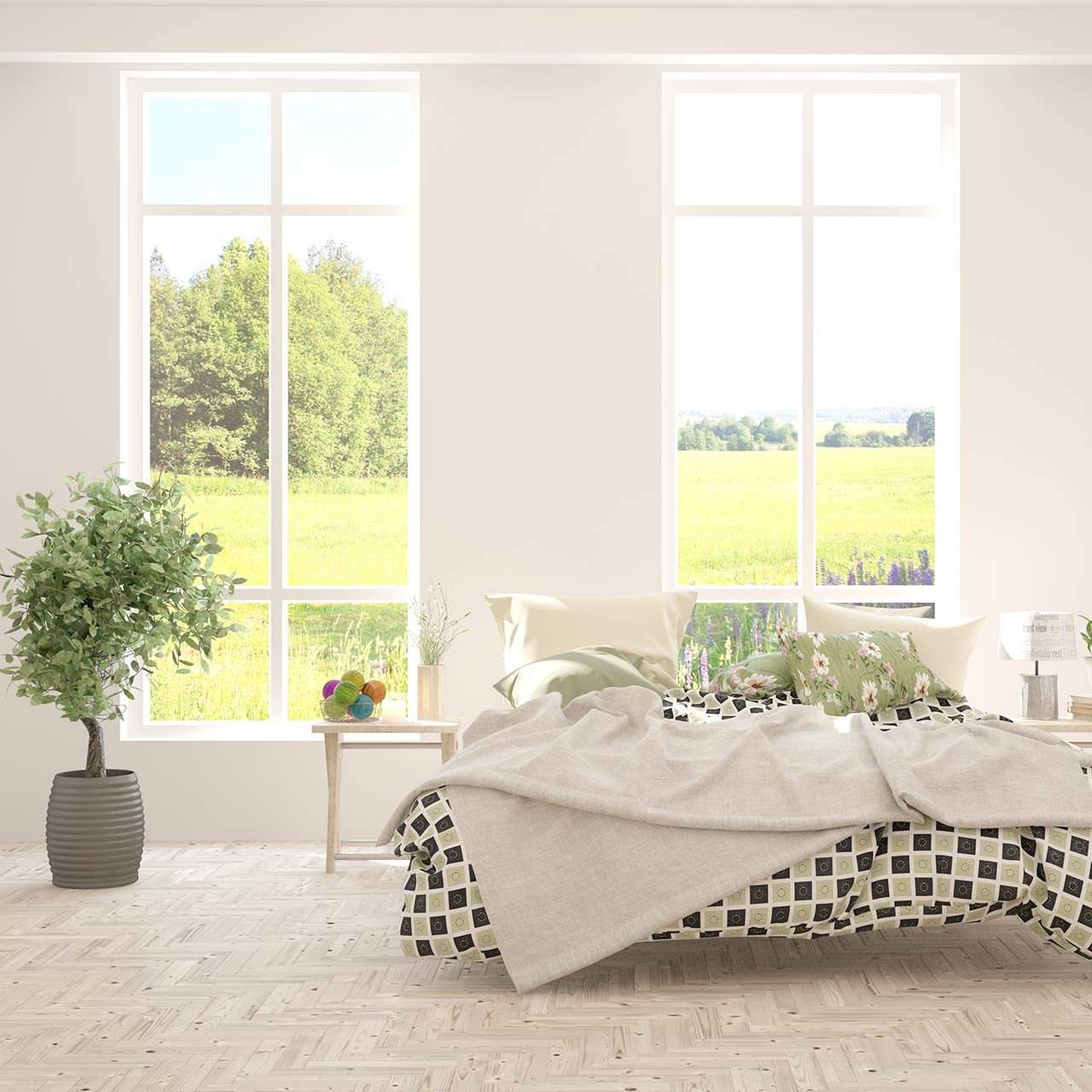 Opened Window Draw Curtain Ideas for Scanadivian Style Bedroom Design