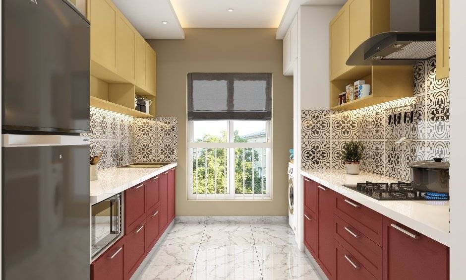 Parallel kitchen designed with a bold combination of bright red and yellow colours
