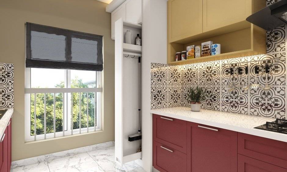 Parallel kitchen featuring a sliding unit for mops and brooms