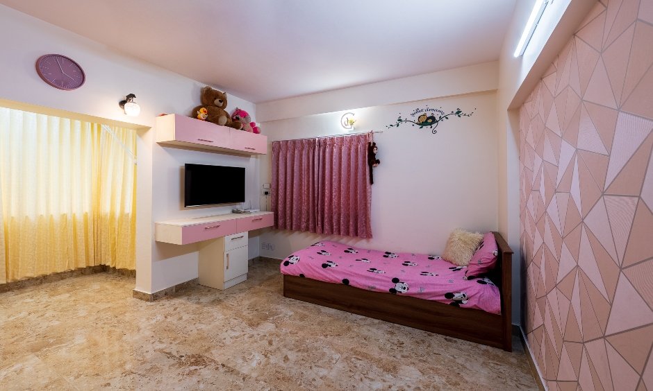 Pink kids bedroom designed in Bellandur apartment, Bangalore