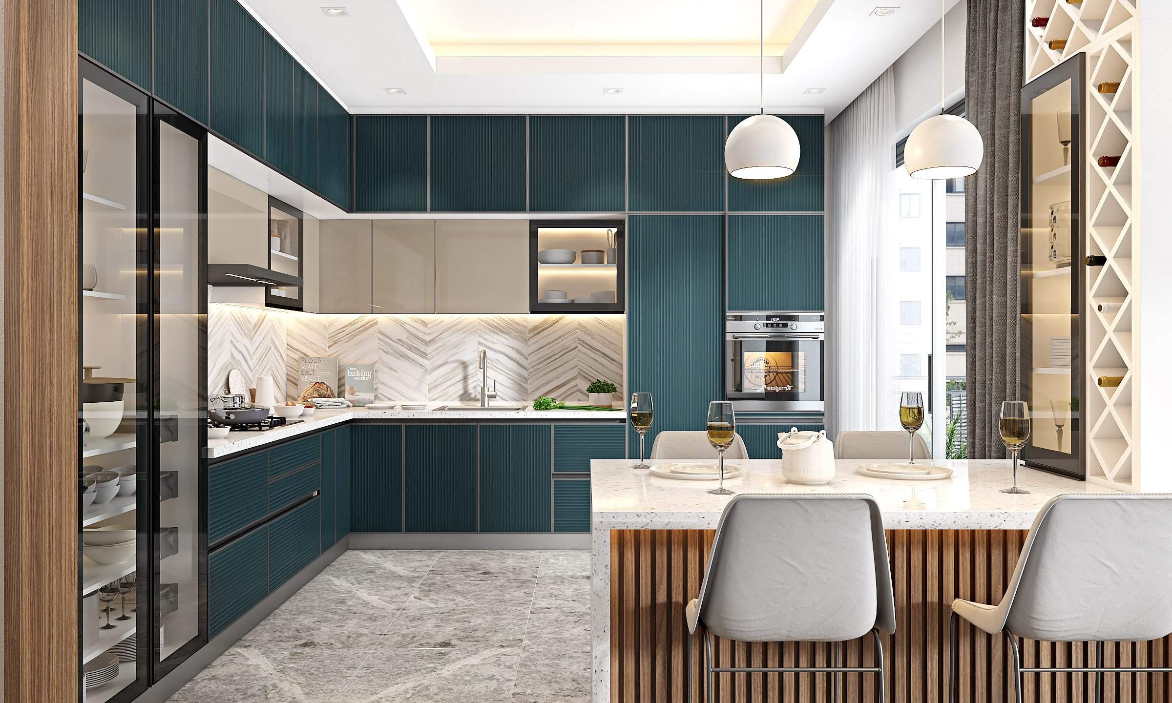 Premium interior in l-shaped kitchen with fluted laminates and a crockery unit