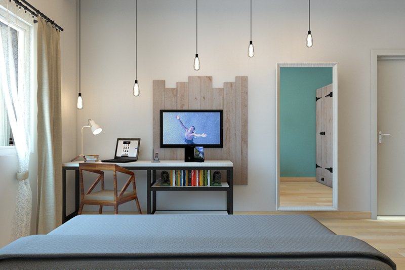 Pvc furniture design bedroom with a industrial style table and a wooden chair with ascending lighting