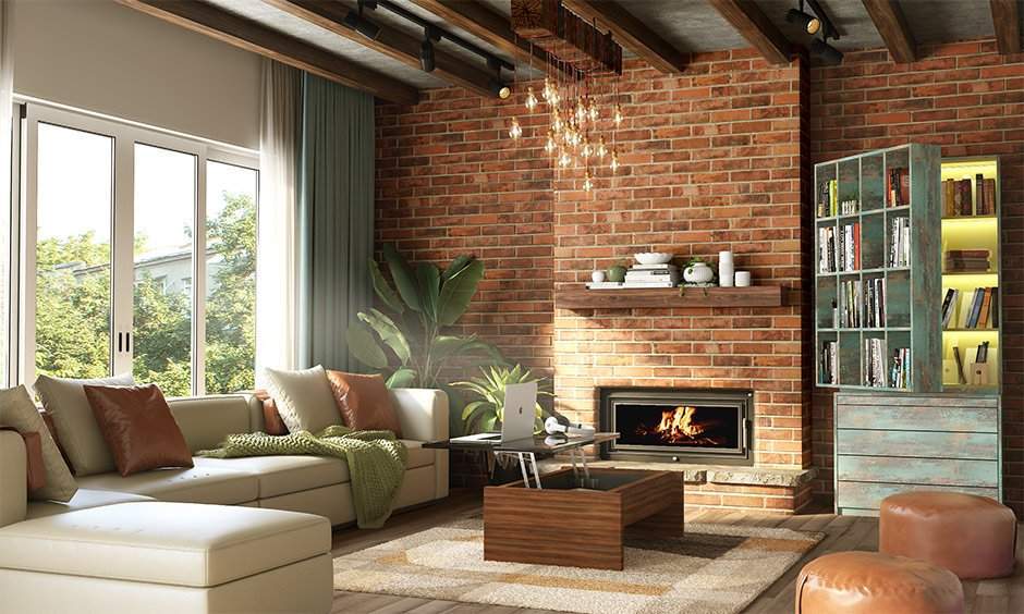 The perfect furniture layout for a rectangular living room with a fireplace is to opt for a wall-mounted fireplace