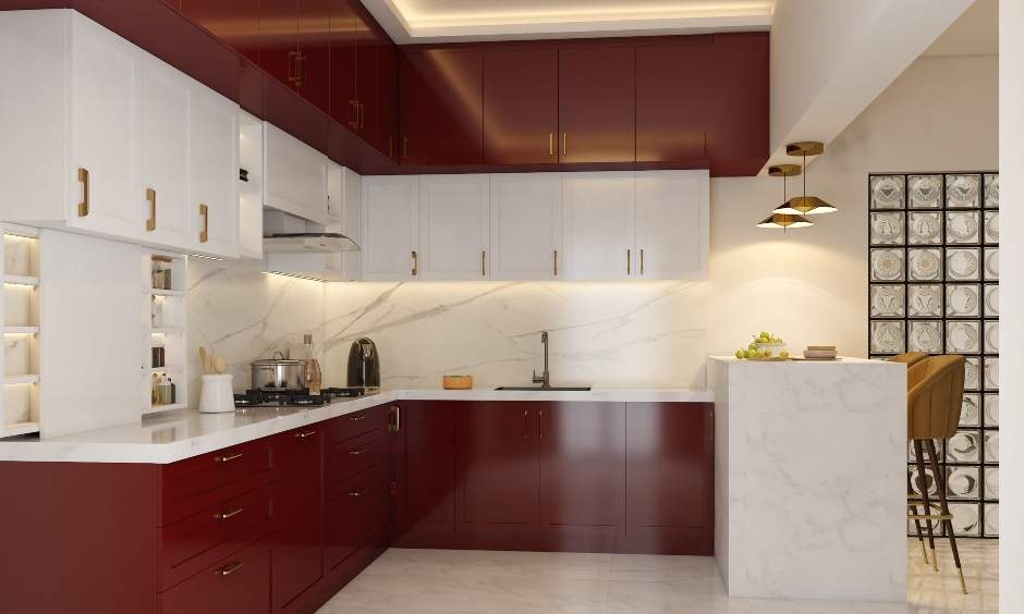 Kitchen design features red cabinets complemented by crisp white countertops