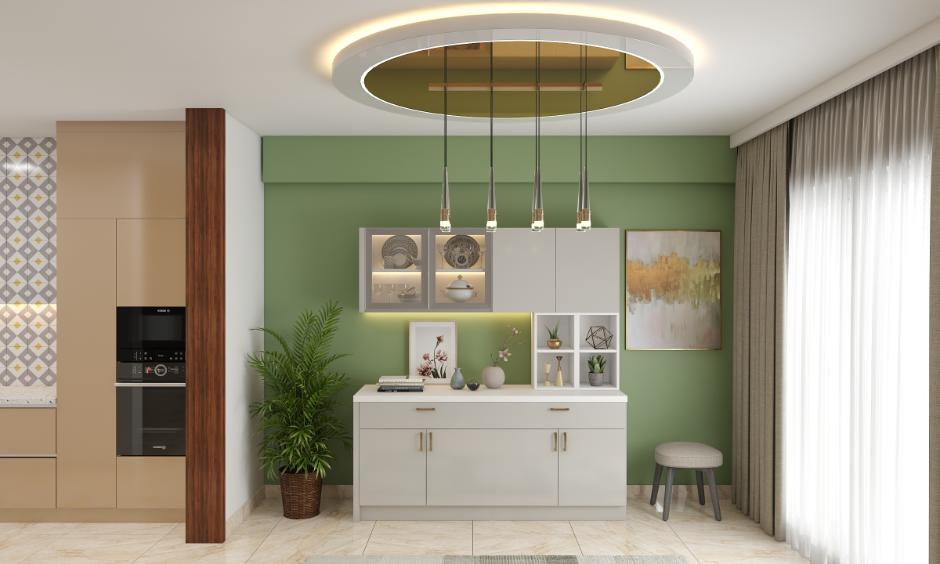Statement round kitchen POP design with golden pendant lights