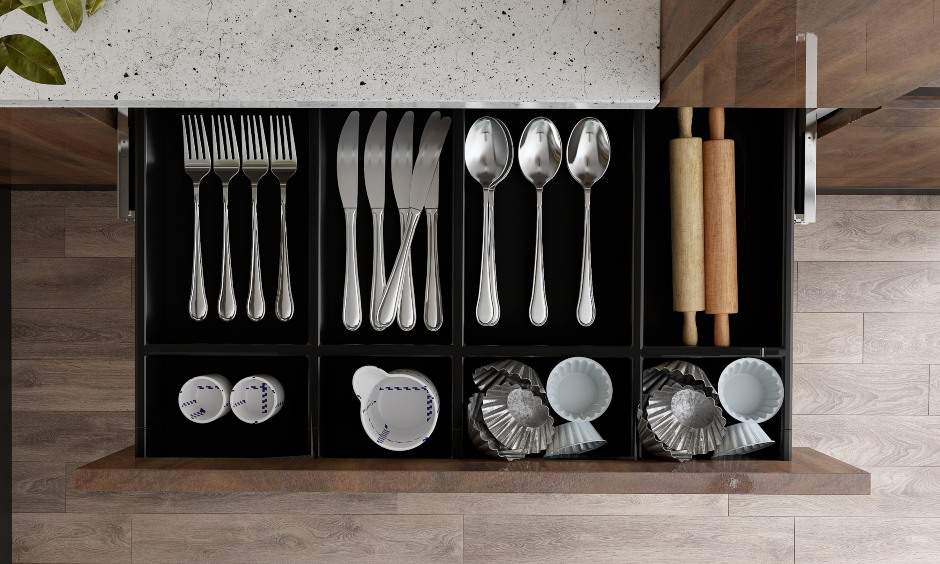 Rustic styled kitchen island interior with a hob unit, island kitchen drawers for storage