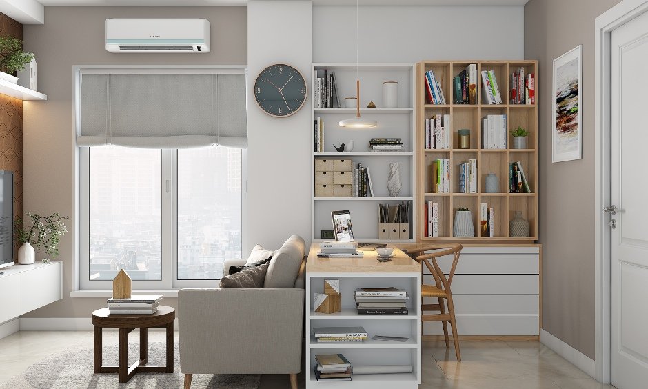 Scandinavian style home office with round wooden chair and pendant light is perfect for a peaceful work environment