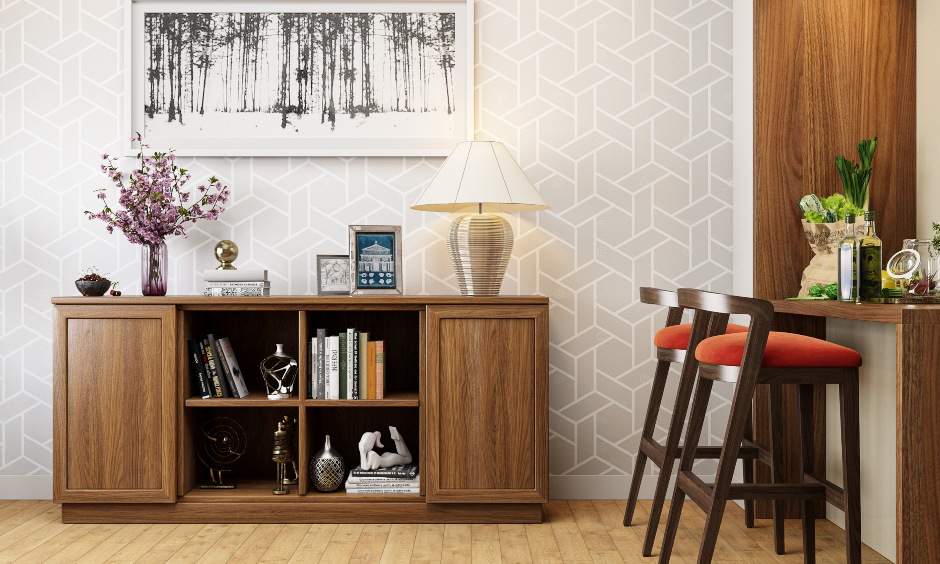 Side dining room table with open and closed cabinets for additional storage and the best dining room idea for Indian homes