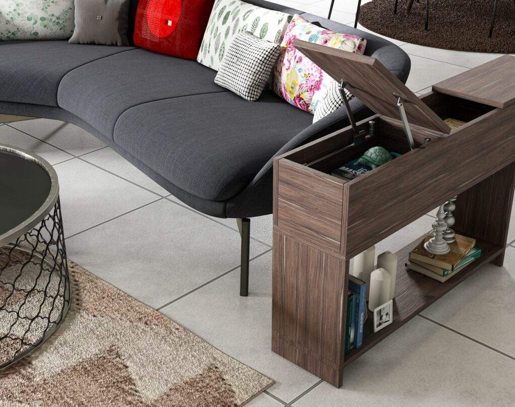 Side table design with a flip up top with storage and open shelf
