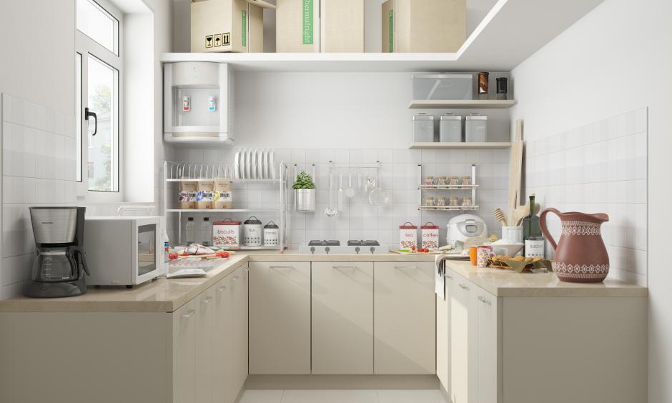 Non-modular Indian kitchen design with open shelves, spice jars and everyday storage on display.