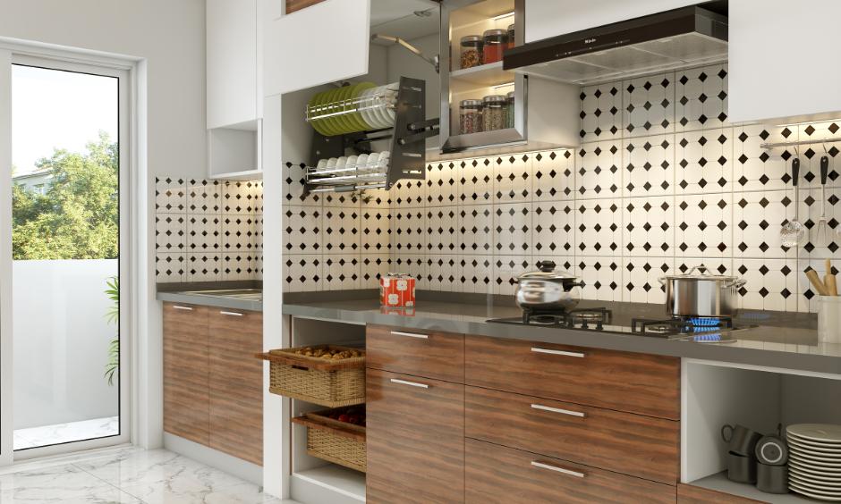 Modular kitchen with pull-down unit, drawers and open shelves.