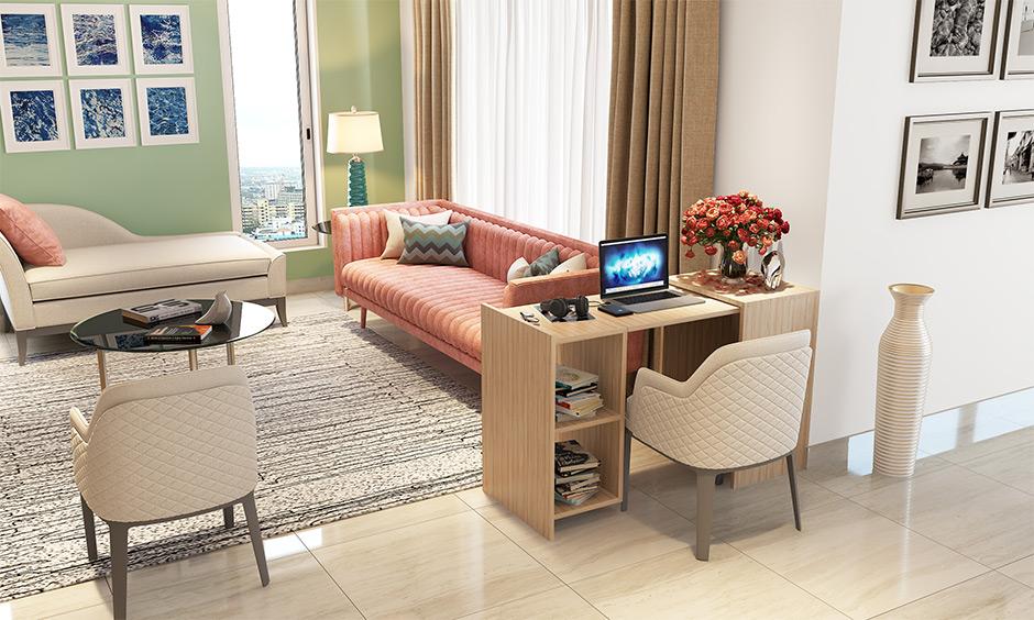 Small room office with a slim side table that transforms into a hidden modular workstation.