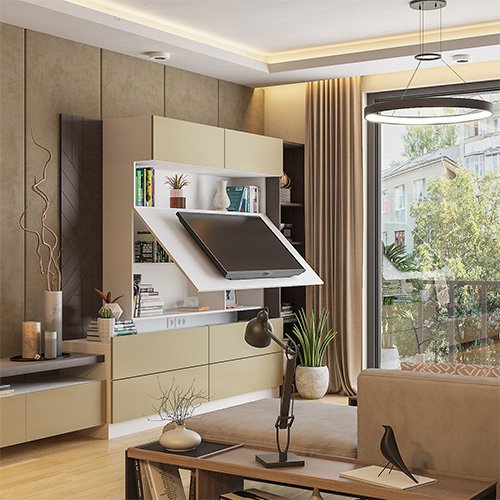 Space saving home interiors Mumbai with a TV unit with hidden storage