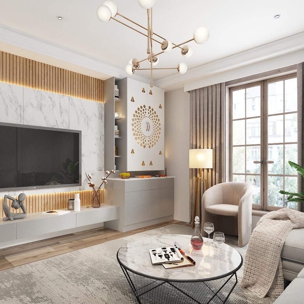 Space saving home interiors Pune with a TV unit with attached pooja unit