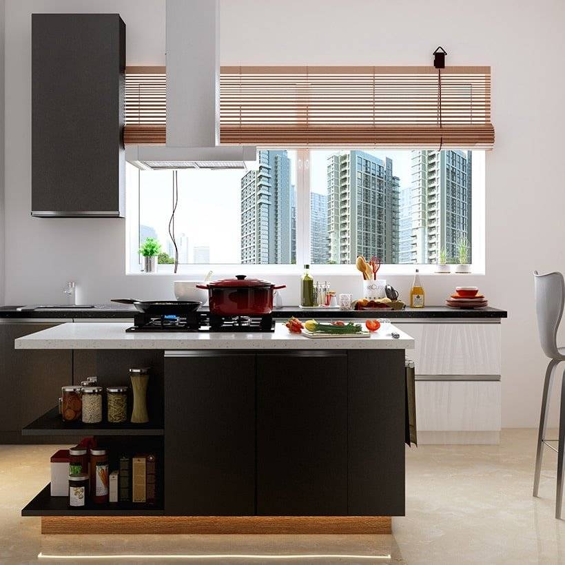 Keeping the storage in the kitchen island open and shelves provide extra storage but as they are open