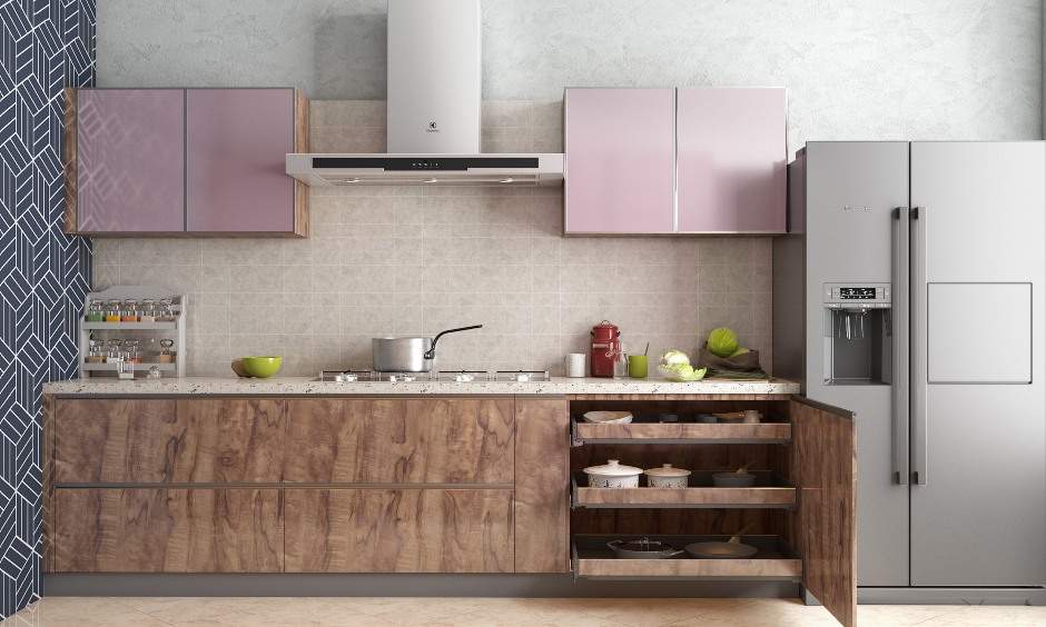Straight kitchen design with lacquered glass and wood finish makes a urban modern kitchen