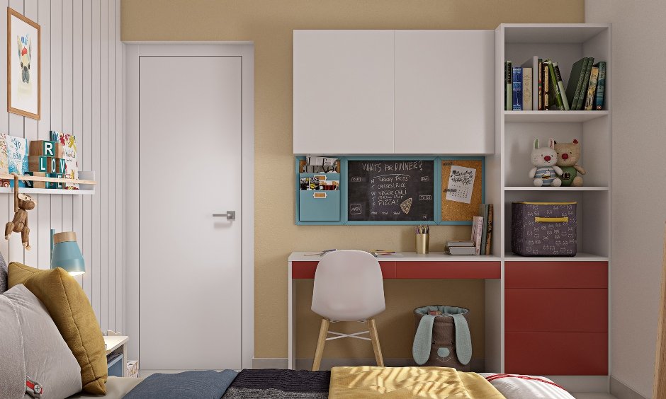 Study unit with open shelves drawers and overhead cabinets for kids bedroom in 2bhk modern homes