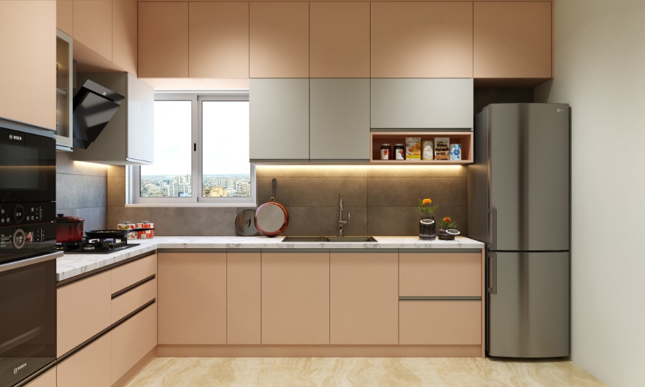 A u-shape 1bhk flat kitchen design with an appliance garage