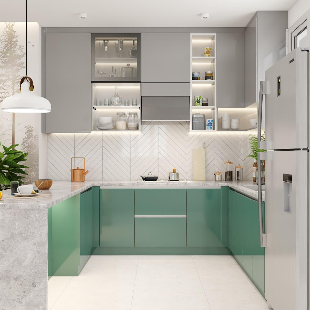 U shaped kitchen design in Navi Mumbai with open-shelves