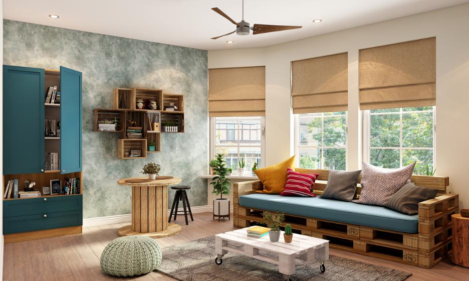 Rustic upcycling transforms living space: pallet sofa anchors warm, eco-friendly design palette