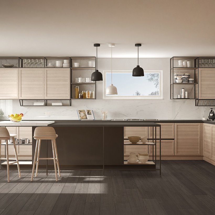 Wood Kitchen Cabinets with light finish on the upper cabinets and the drawers as well for small kitchen cabinets