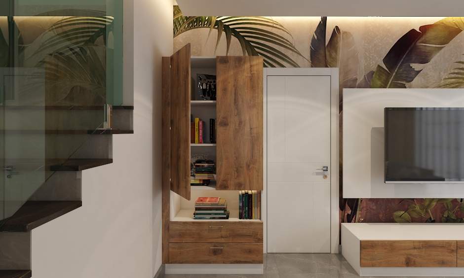 Wooden bookshelf in living room with an open box shelf section for extra storage space