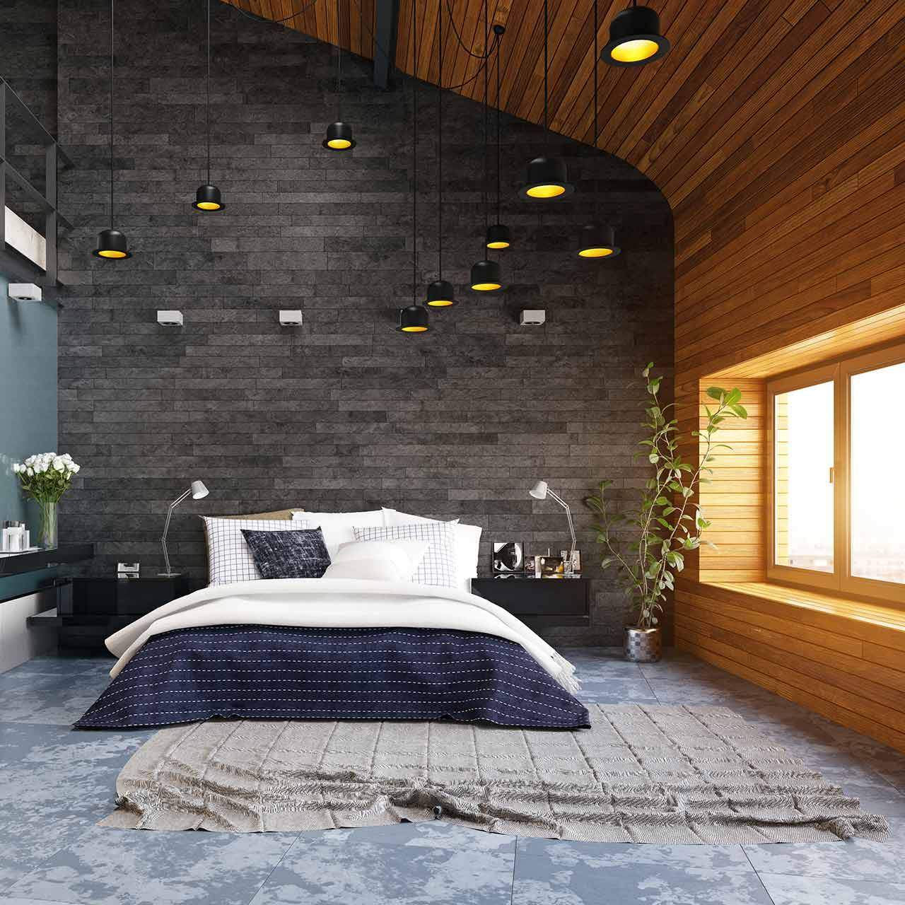 wooden ceiling frames concrete walls for industrial style bedroom design