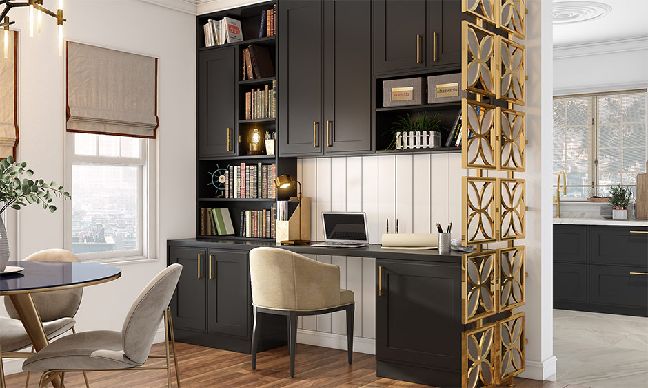 Wooden flooring and rugs in a home office designed for soundproofing and noise reduction.